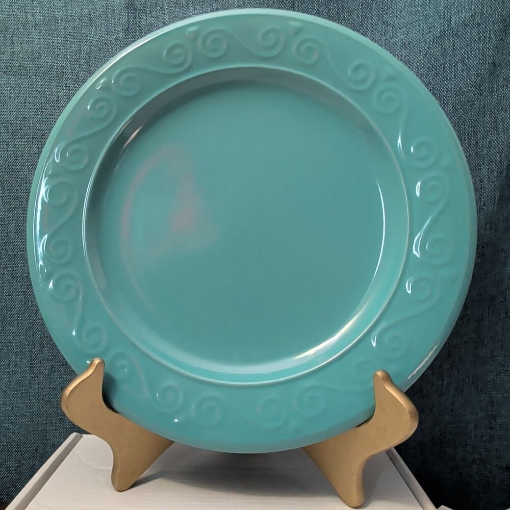 Set of 4 Royal Norfolk Dinner Plates Turquoise Teal Blue Scrolls Rim 10.5" - Picture 8 of 16